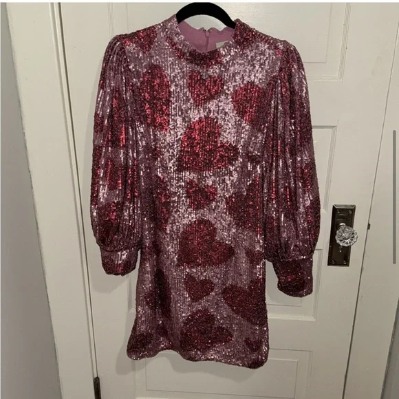 Farm Rio Hearts Sequin Long Puff Sleeve Mini Dress Sz M NWT - Picture 6 of 16
